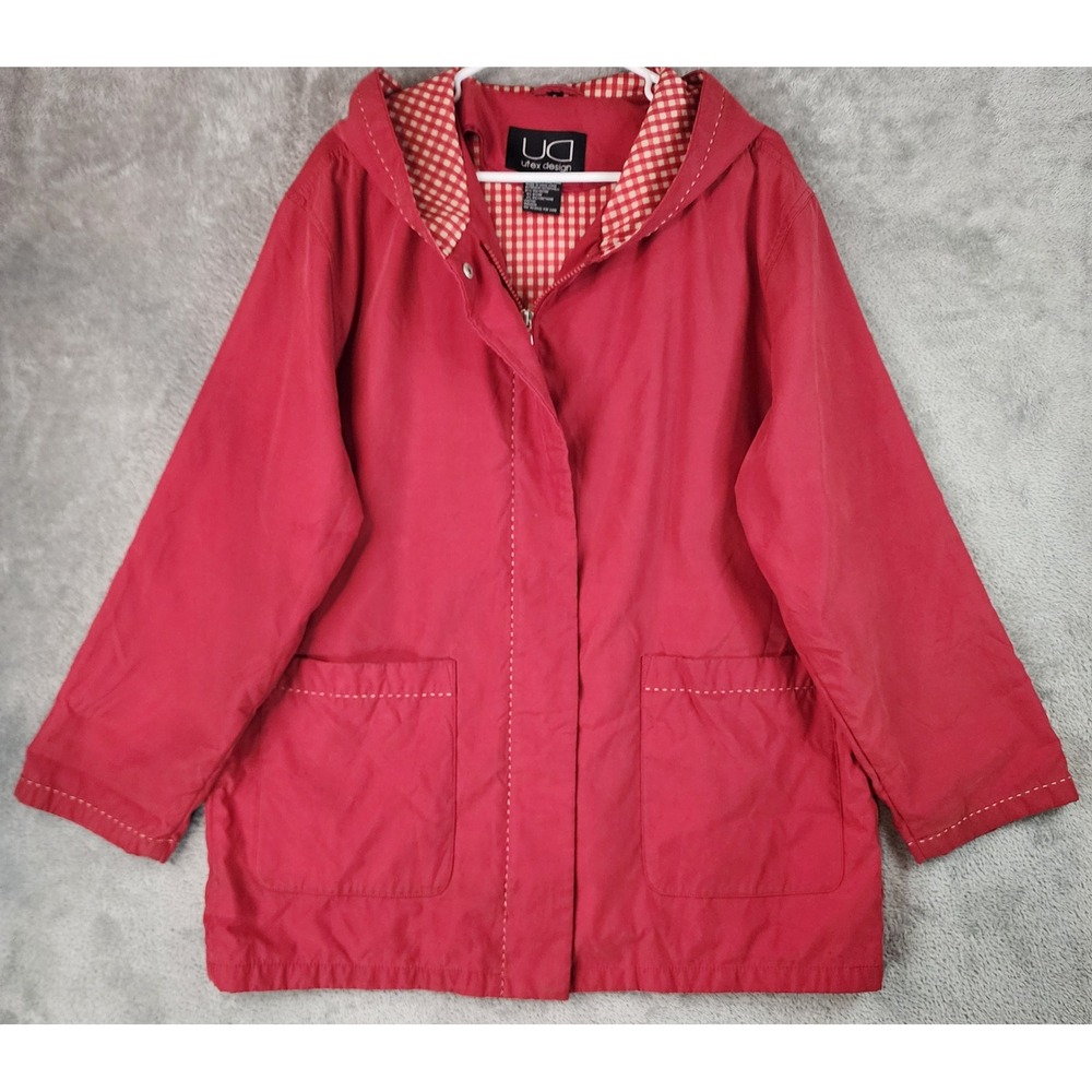 Utex Design Jacket Womens XL Red Gingham‎ Lined Hooded Zip Snap Front